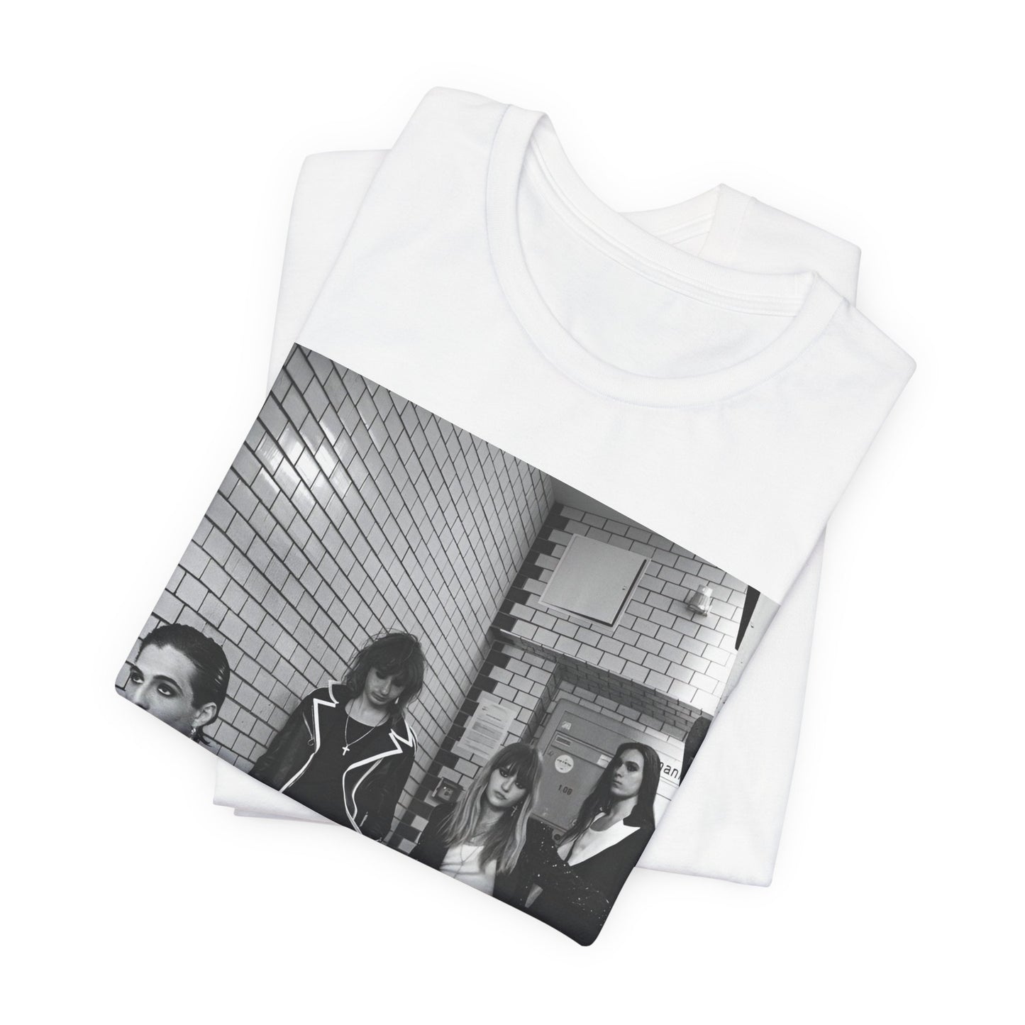 A black graphic t-shirt featuring a black and white graphic or photo of Maneskin in a backstage setting.