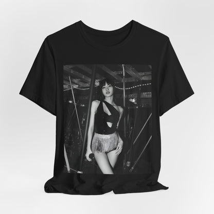 A black graphic t-shirt featuring a black and white graphic or photo of Lisa in a backstage setting.