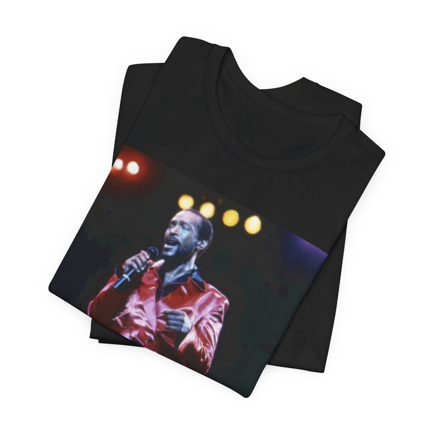 A black graphic t-shirt featuring a vintage graphic or photo of Marvin Gaye performing live.