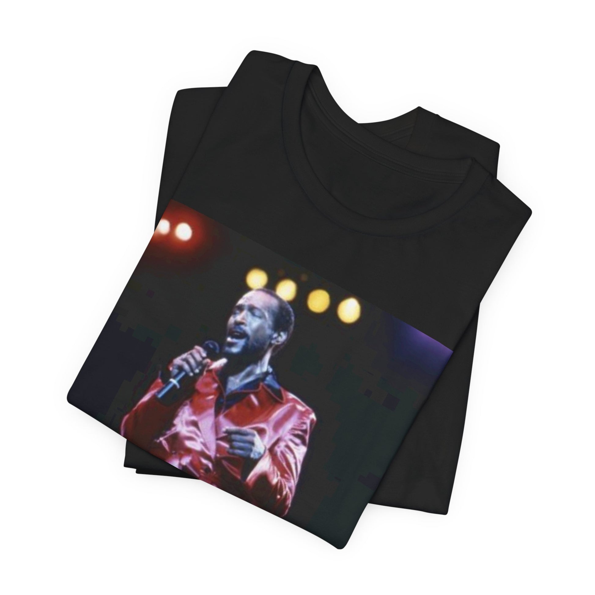 A black graphic t-shirt featuring a vintage graphic or photo of Marvin Gaye performing live.