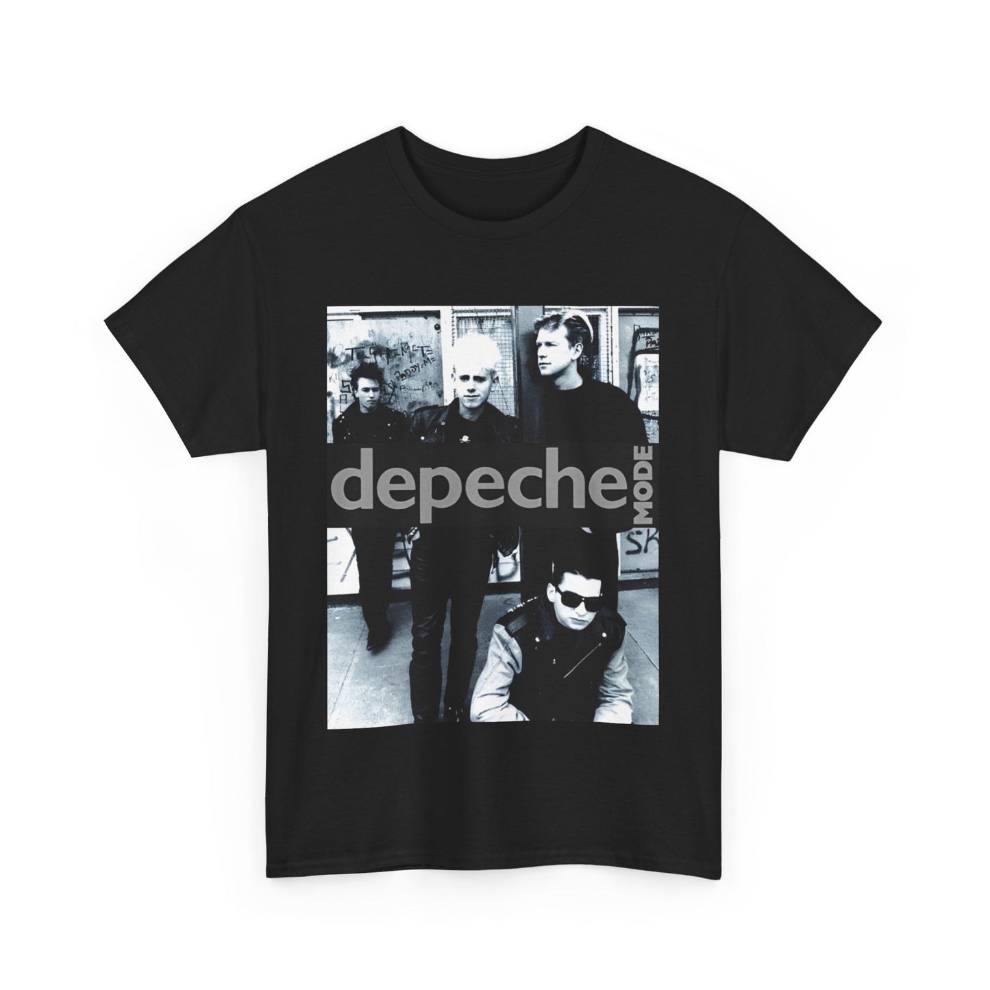 A black graphic t-shirt featuring a black and white photo portrait of the band Depeche Mode.