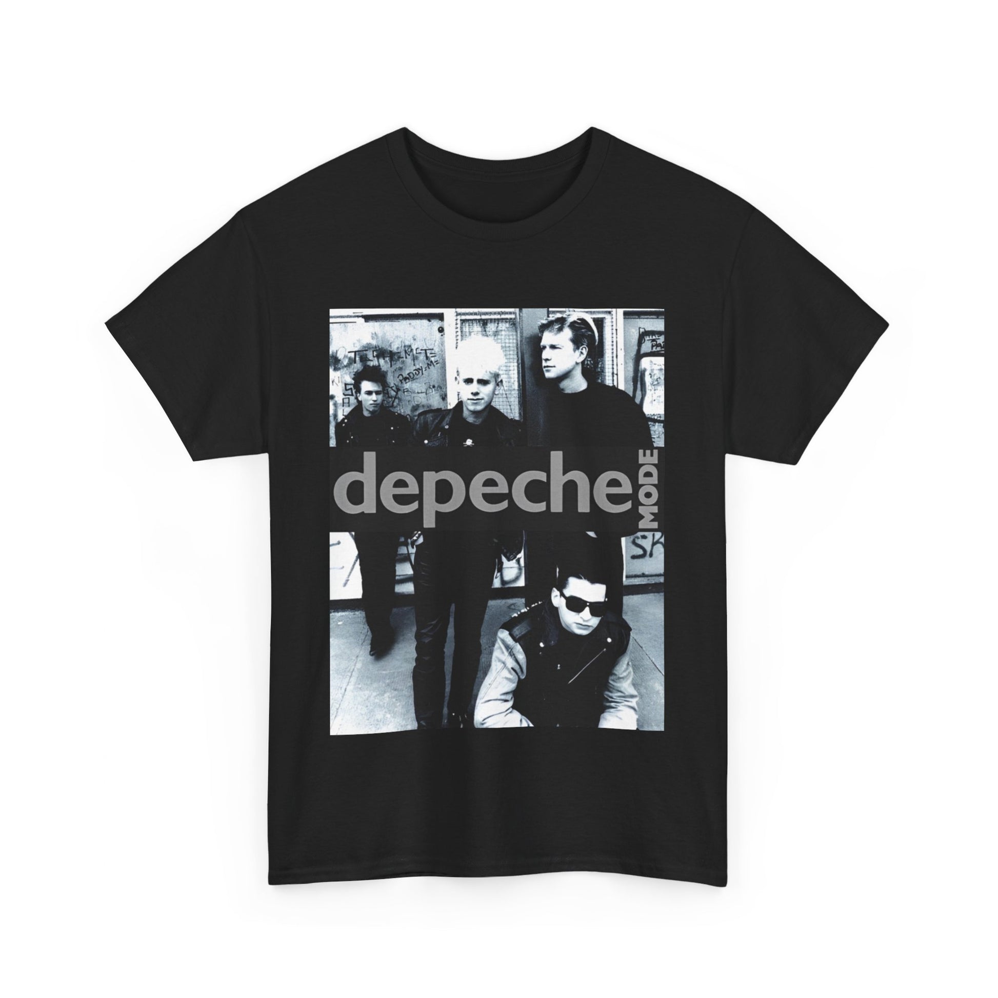 A black graphic t-shirt featuring a black and white photo portrait of the band Depeche Mode.