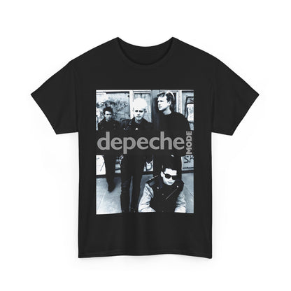 A black graphic t-shirt featuring a black and white photo portrait of the band Depeche Mode.