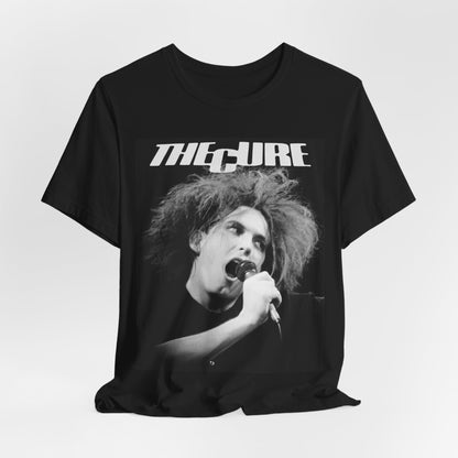 A black graphic t-shirt featuring a graphic of The Cure with a dark romanticism core aesthetic.