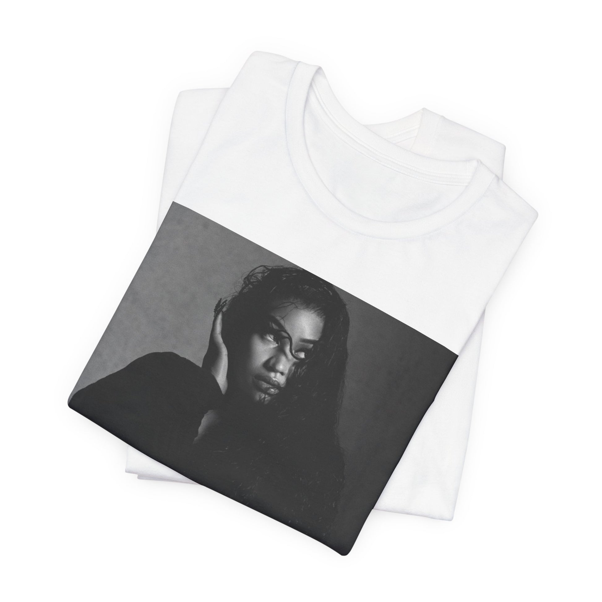 A black graphic t-shirt featuring a black and white graphic or photo of Nicki Minaj as a glamour queen.