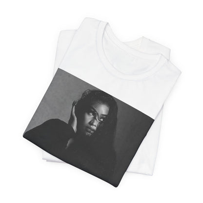 A black graphic t-shirt featuring a black and white graphic or photo of Nicki Minaj as a glamour queen.