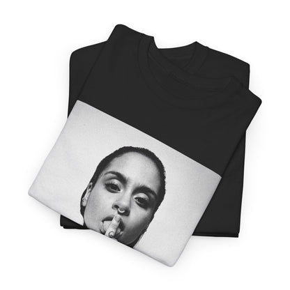 A black graphic t-shirt featuring a soulful indie pop graphic of Kehlani.