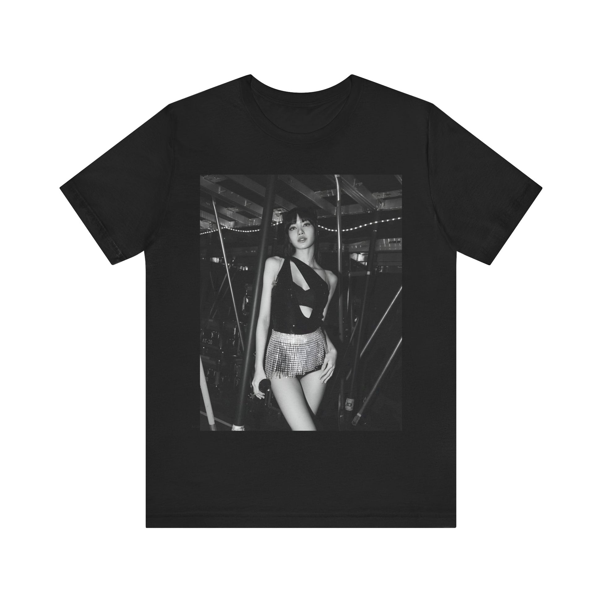 A black graphic t-shirt featuring a black and white graphic or photo of Lisa in a backstage setting.