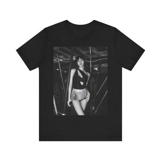 A black graphic t-shirt featuring a black and white graphic or photo of Lisa in a backstage setting.