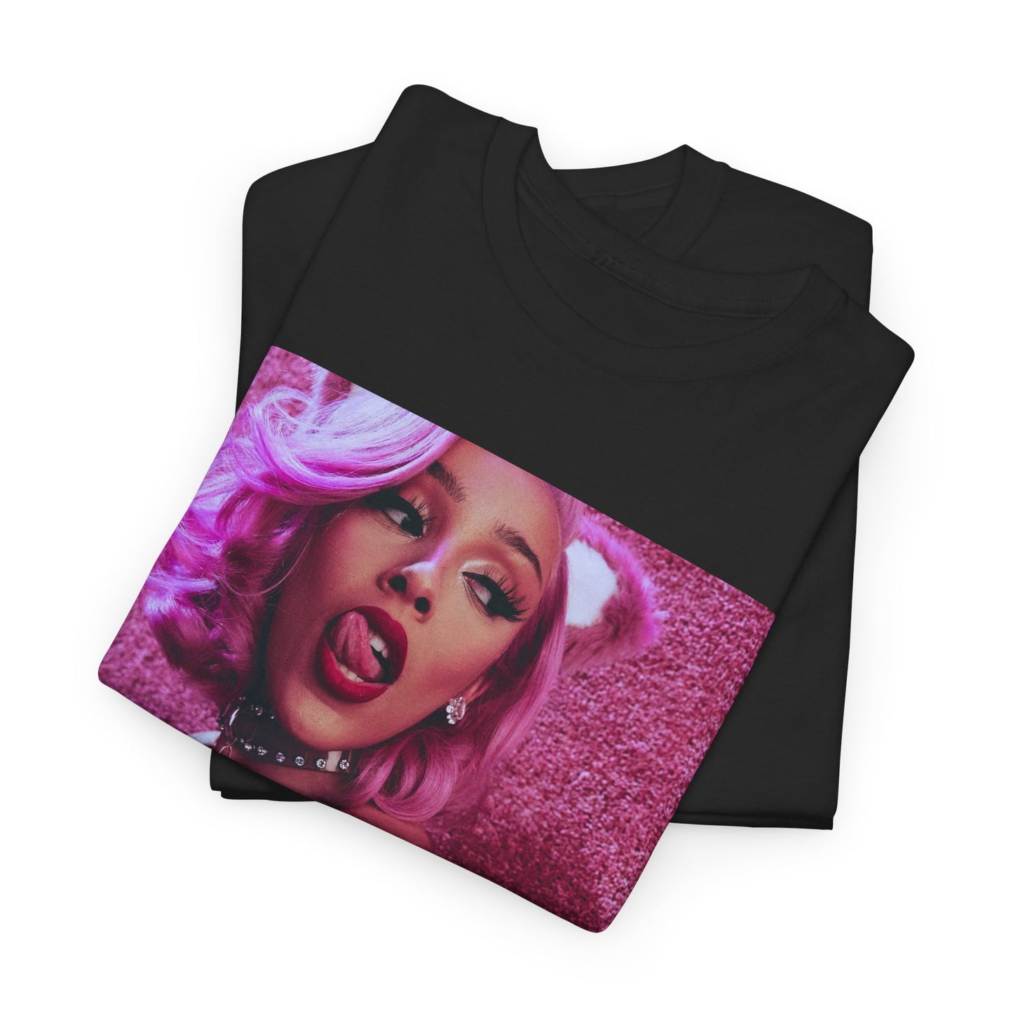 A black graphic t-shirt featuring a graphic of Doja Cat as a rap star with an aesthetic design.