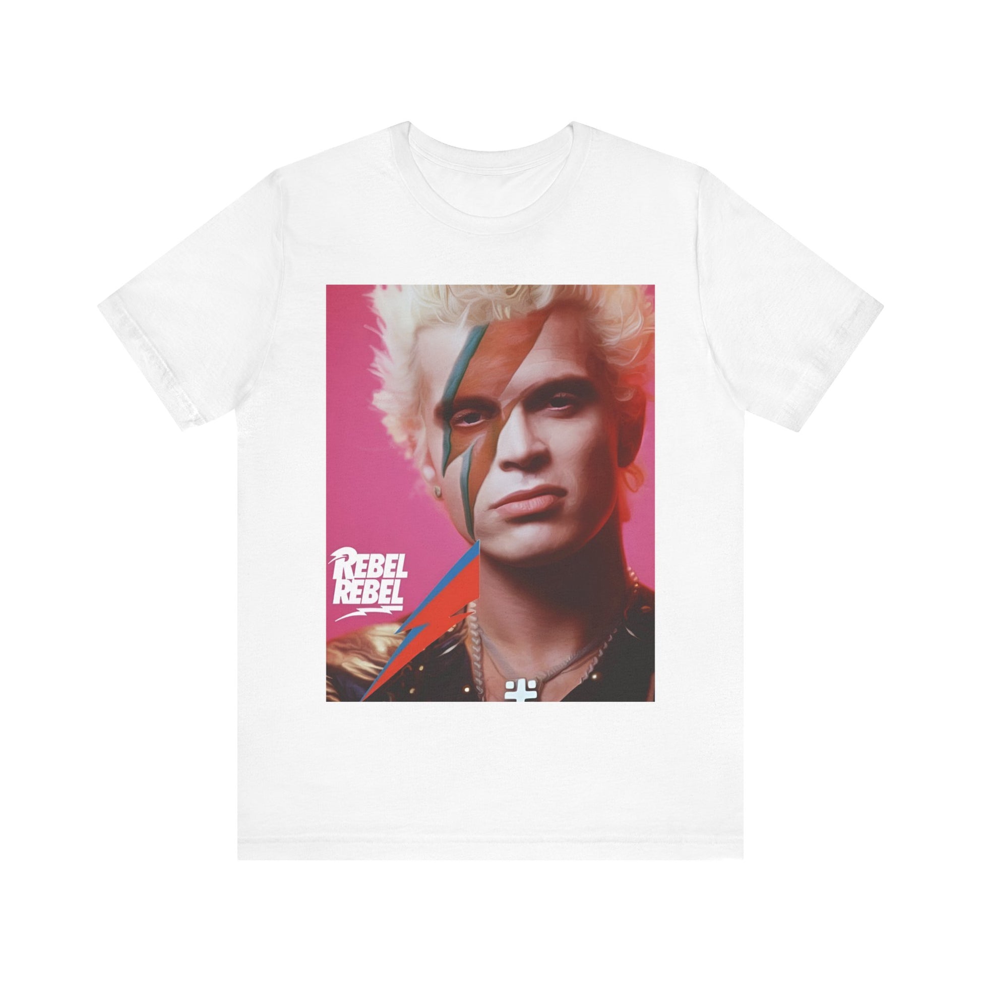 A black graphic t-shirt featuring a retro 80s aesthetic graphic of Billy Idol.