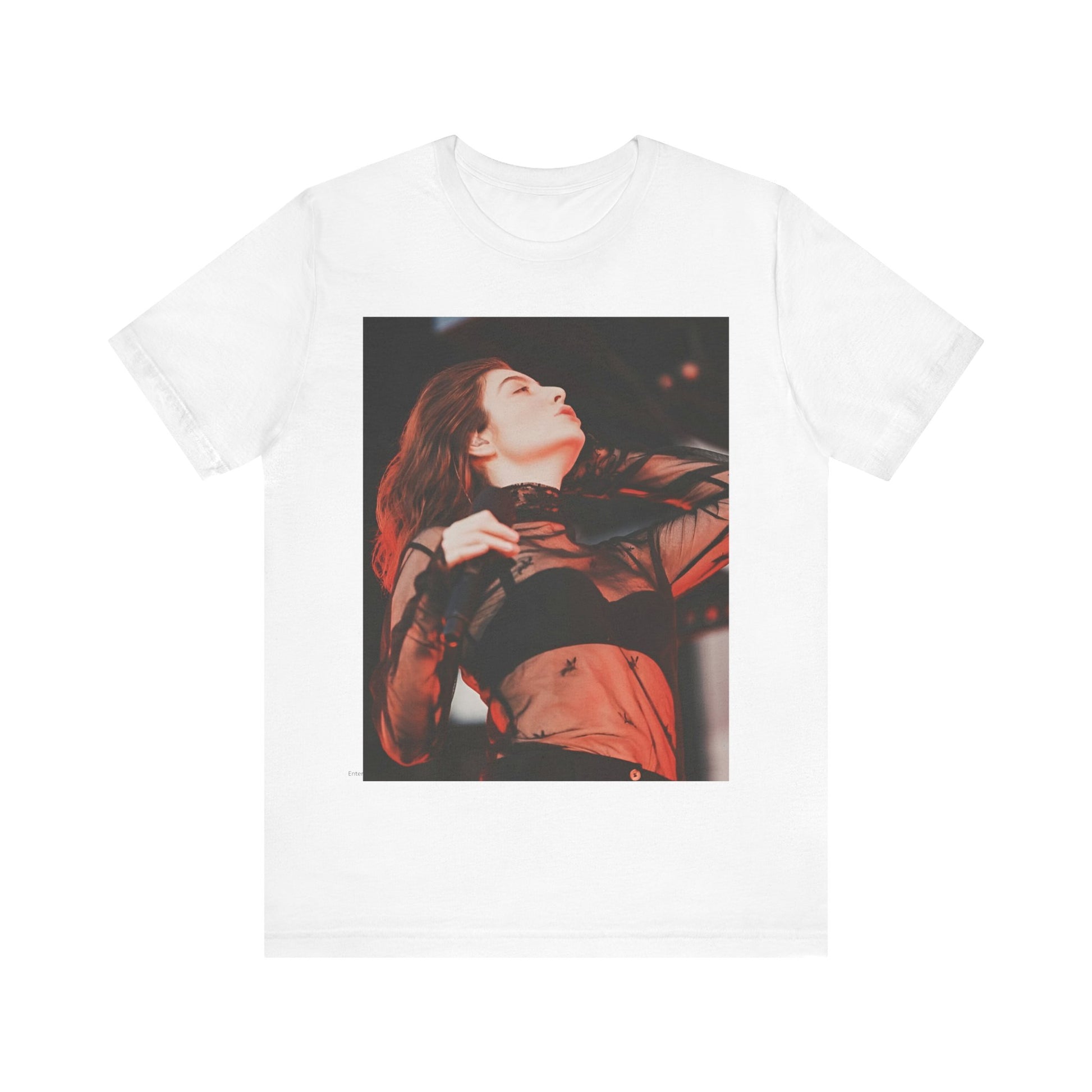 A black graphic t-shirt featuring a graphic of Lorde emphasizing raw emotion.