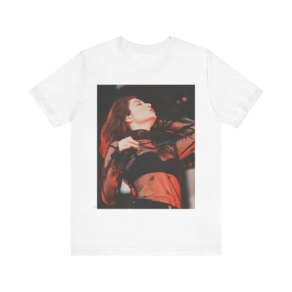 A black graphic t-shirt featuring a graphic of Lorde emphasizing raw emotion.