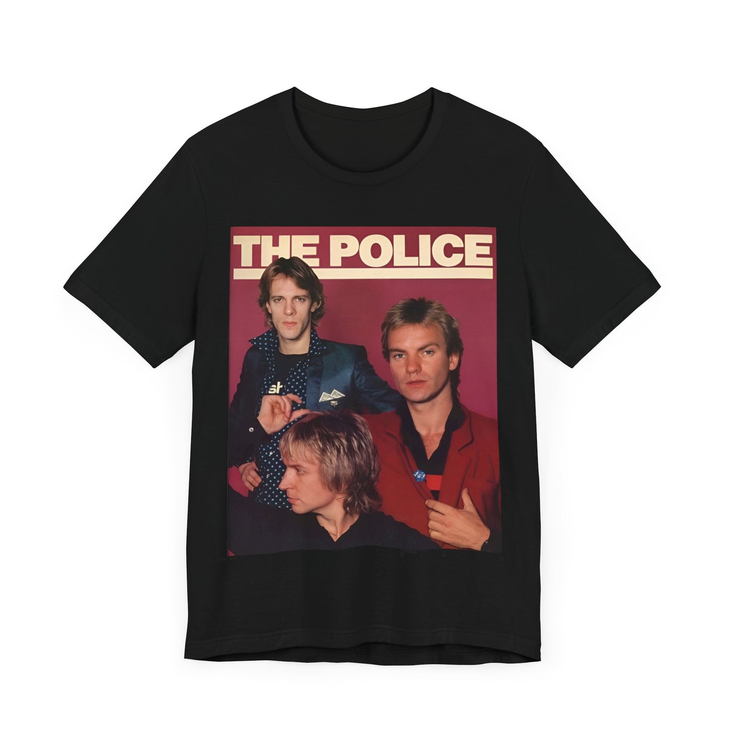A black graphic t-shirt featuring a minimalist graphic of The Police as a power trio.
