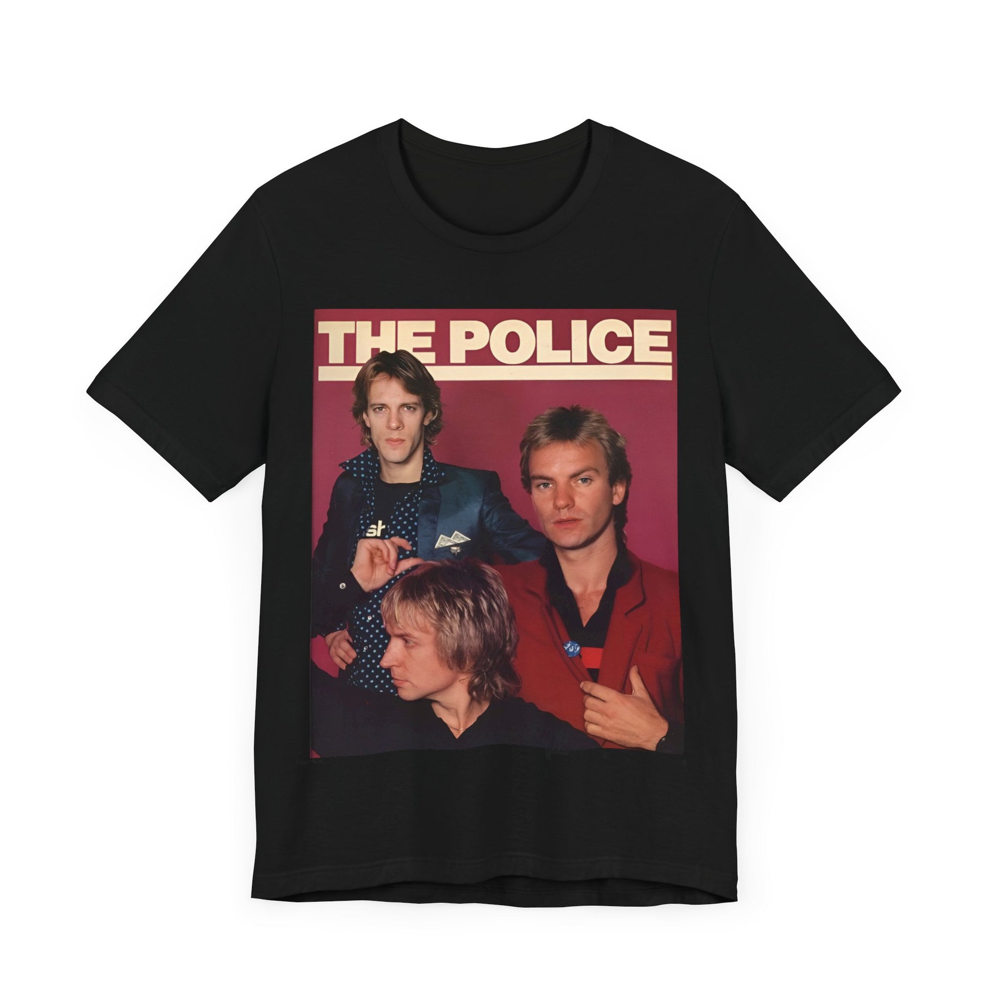 A black graphic t-shirt featuring a minimalist graphic of The Police as a power trio.