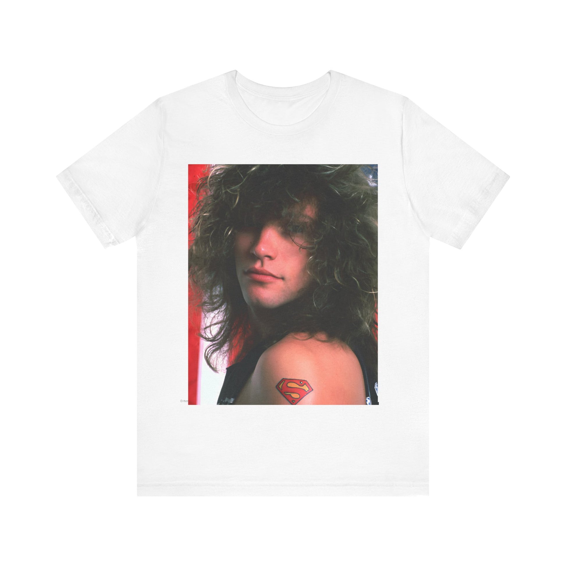 A black graphic t-shirt featuring a graphic of Bon Jovi, possibly with a Superman logo or a tattoo-inspired design.