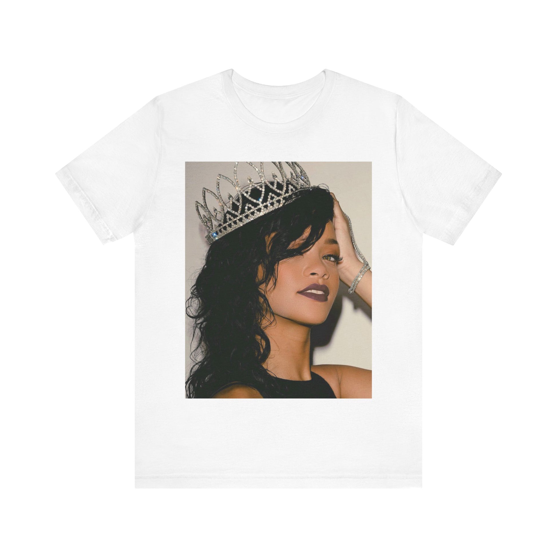 A black graphic t-shirt featuring a Y2K pop aesthetic graphic of Rihanna.