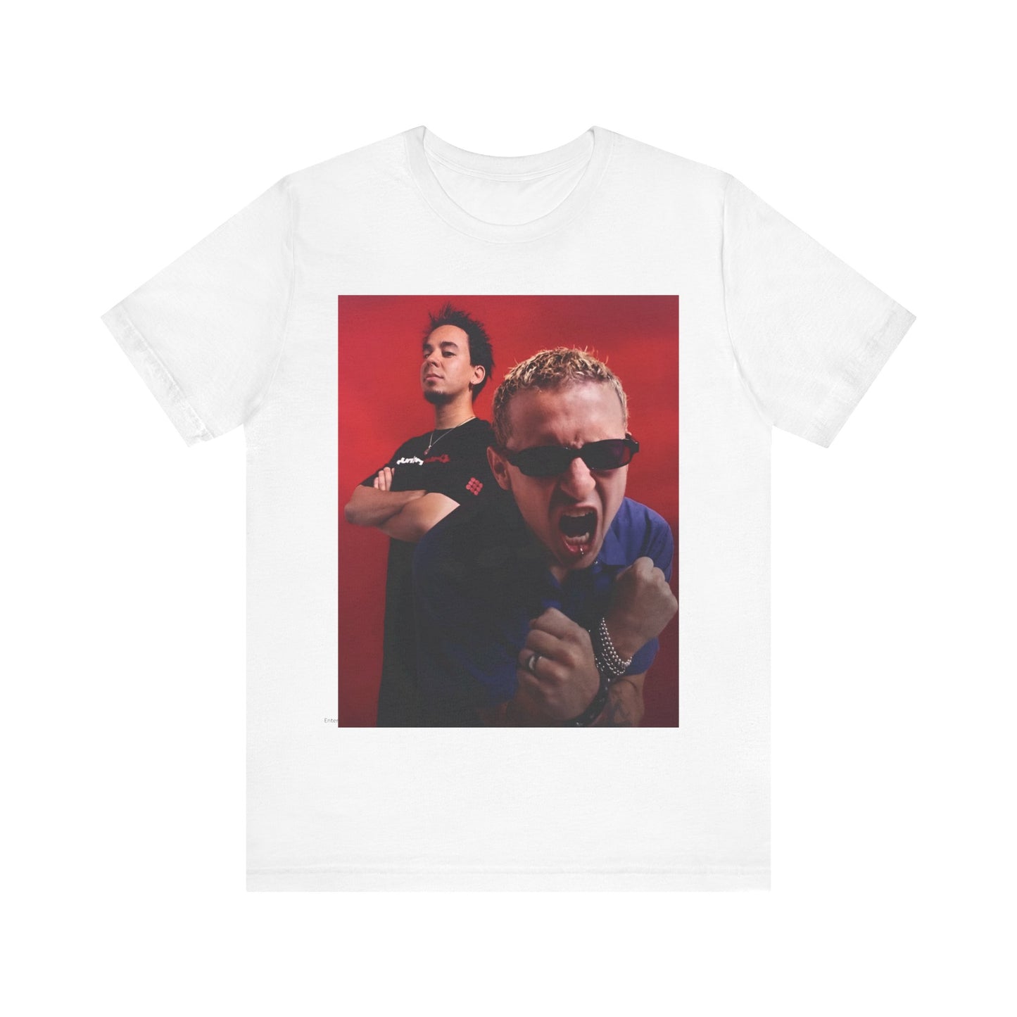 A black graphic t-shirt featuring a 2000s alt-rock aesthetic graphic of Linkin Park.