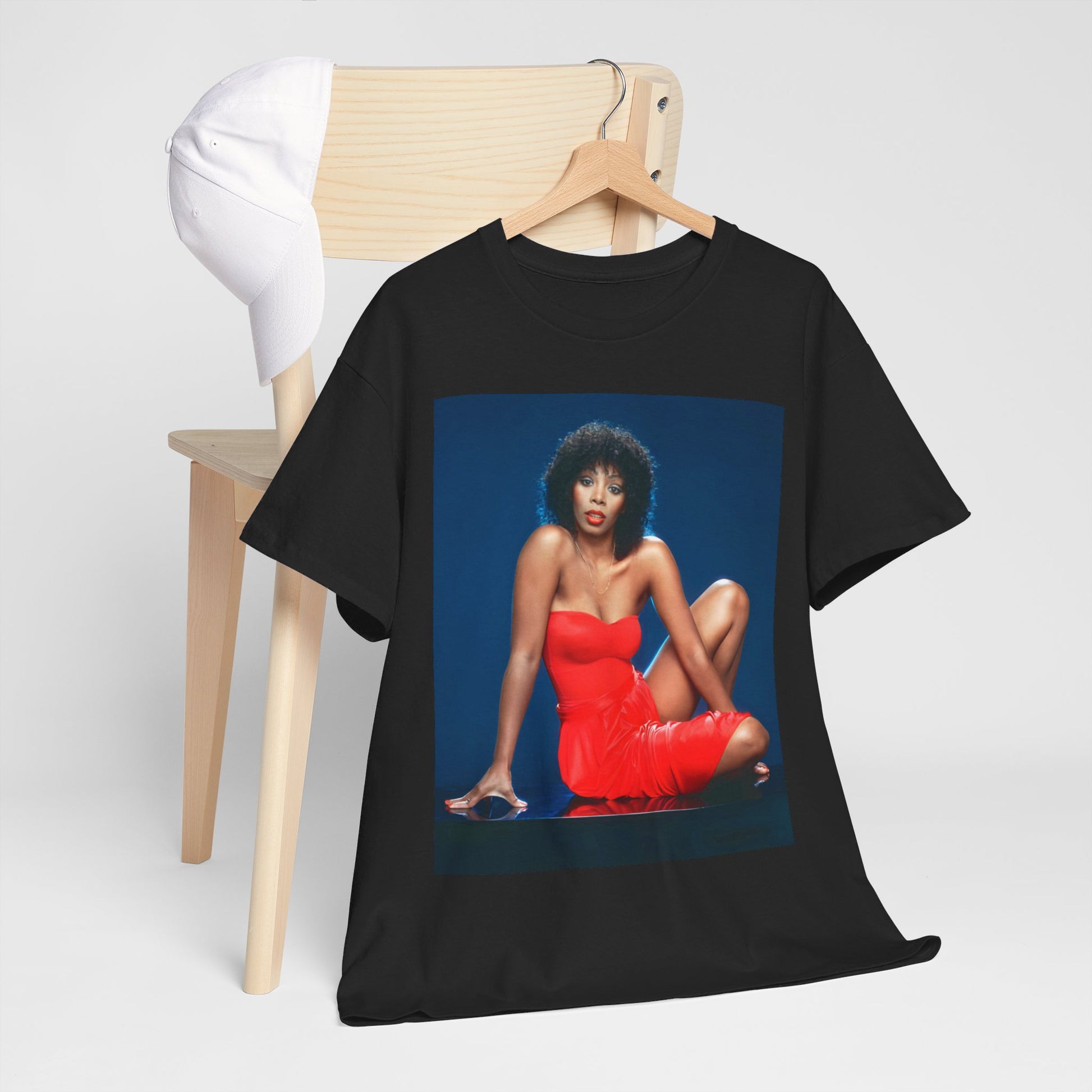 A black graphic t-shirt featuring a graphic of Donna Summer, designed in a Studio 54 style.
