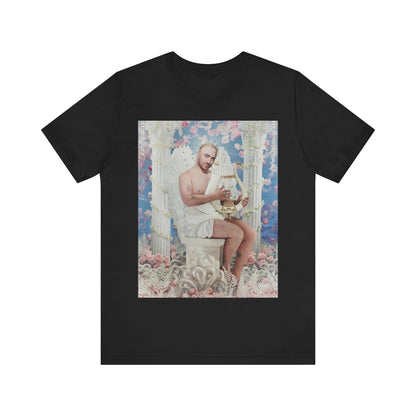 A black graphic t-shirt featuring a heavenly angel pop graphic of Sam Smith.