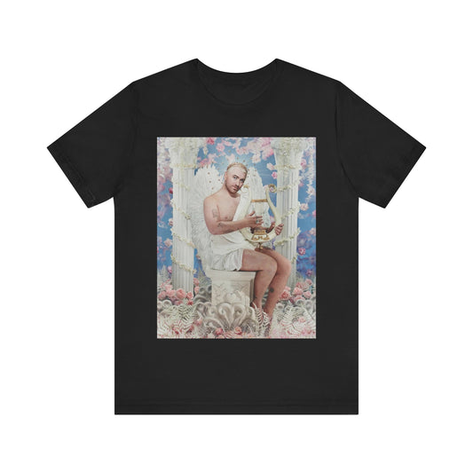 A black graphic t-shirt featuring a heavenly angel pop graphic of Sam Smith.
