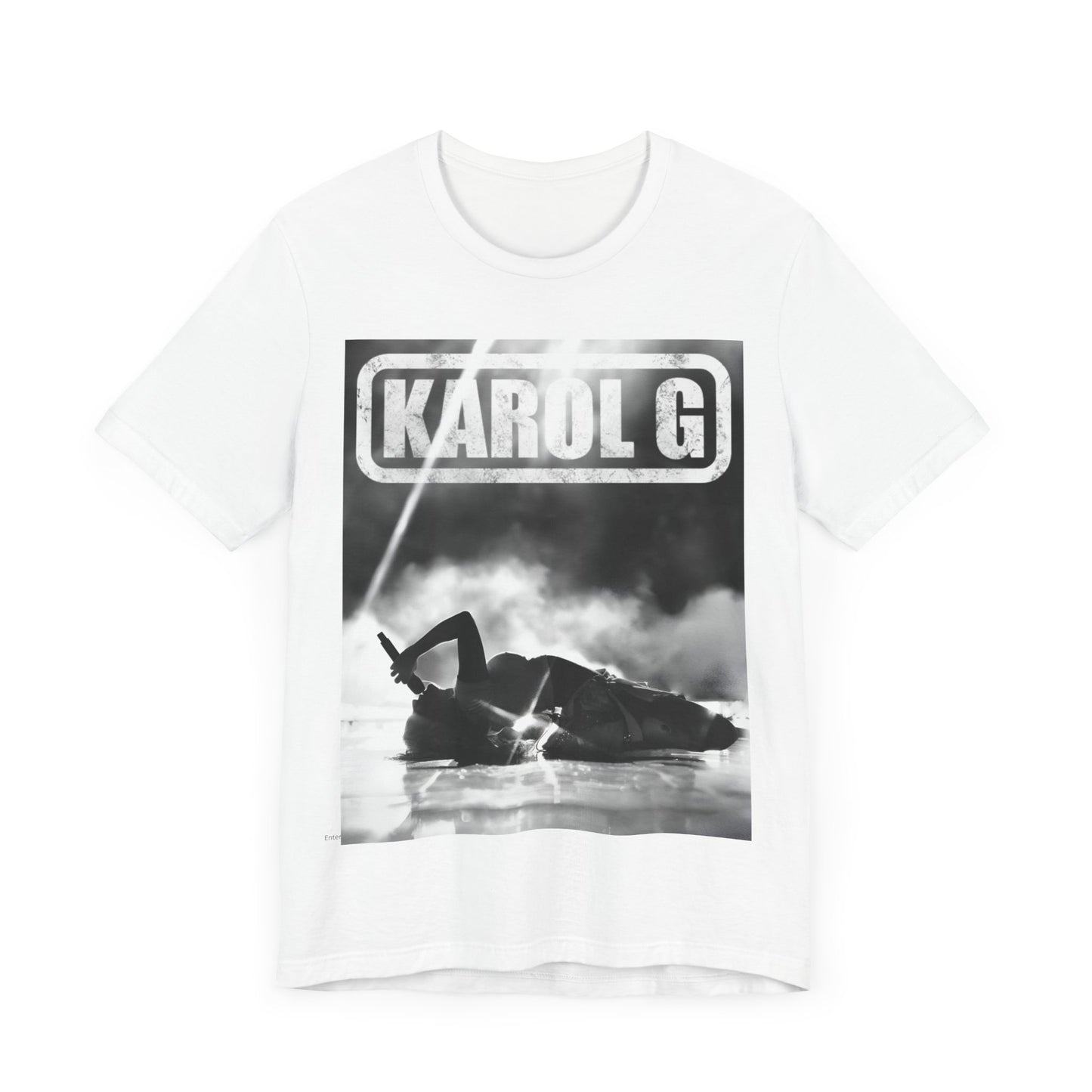 A black graphic t-shirt featuring a black and white graphic or photo of Karol G performing live on stage.