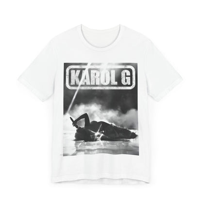 A black graphic t-shirt featuring a black and white graphic or photo of Karol G performing live on stage.