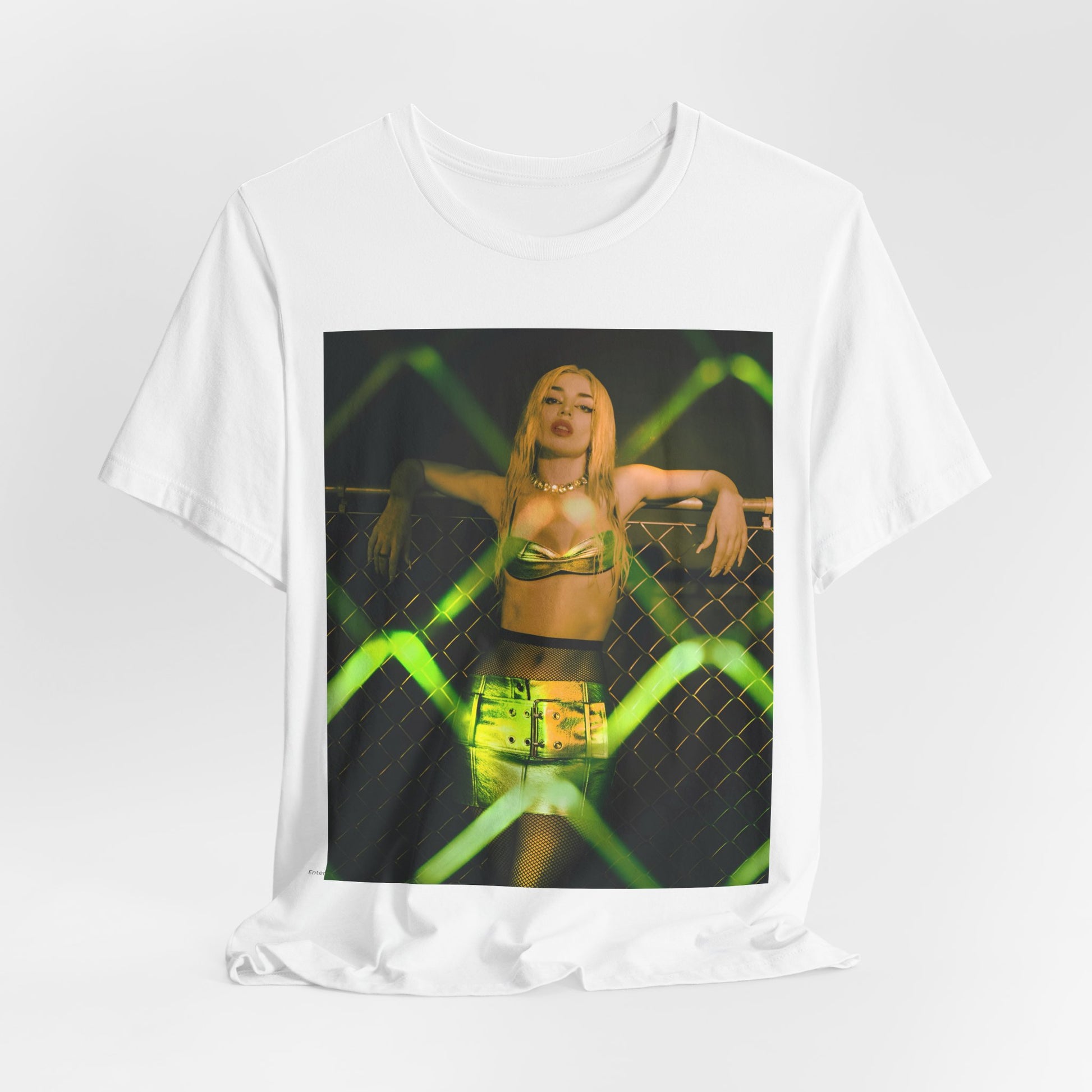 A black graphic t-shirt featuring a graphic of Ava Max with prominent neon green aesthetic elements.