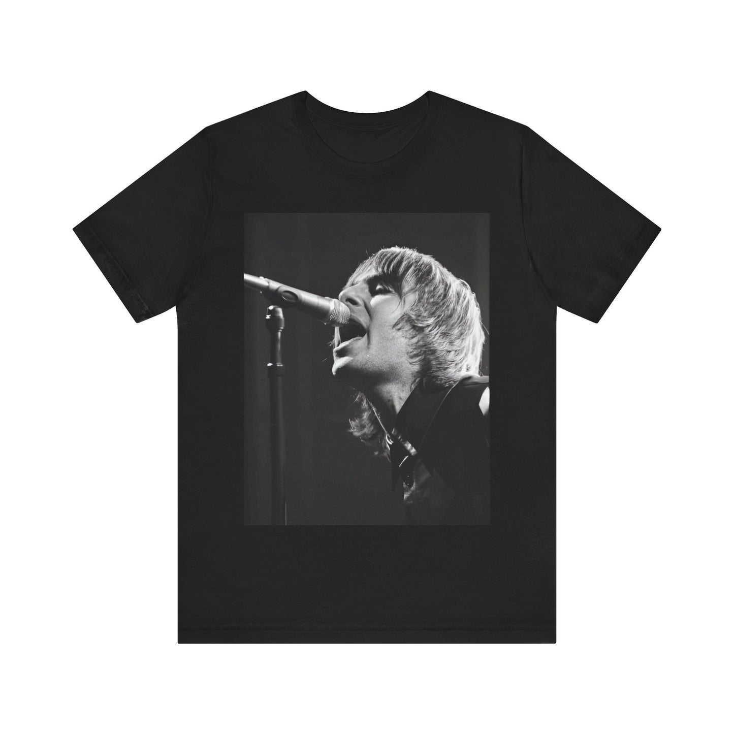 A black graphic t-shirt featuring a black and white graphic or photo of Liam Gallagher from Oasis performing live on stage.