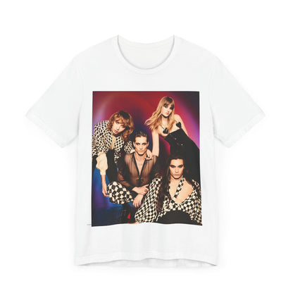 A black graphic t-shirt featuring a vintage glam rock graphic of Maneskin.