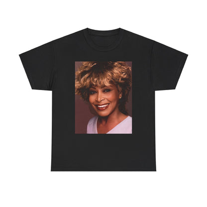 A black graphic t-shirt featuring a vintage soul rock icon graphic of Tina Turner.