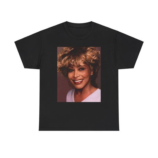 A black graphic t-shirt featuring a vintage soul rock icon graphic of Tina Turner.