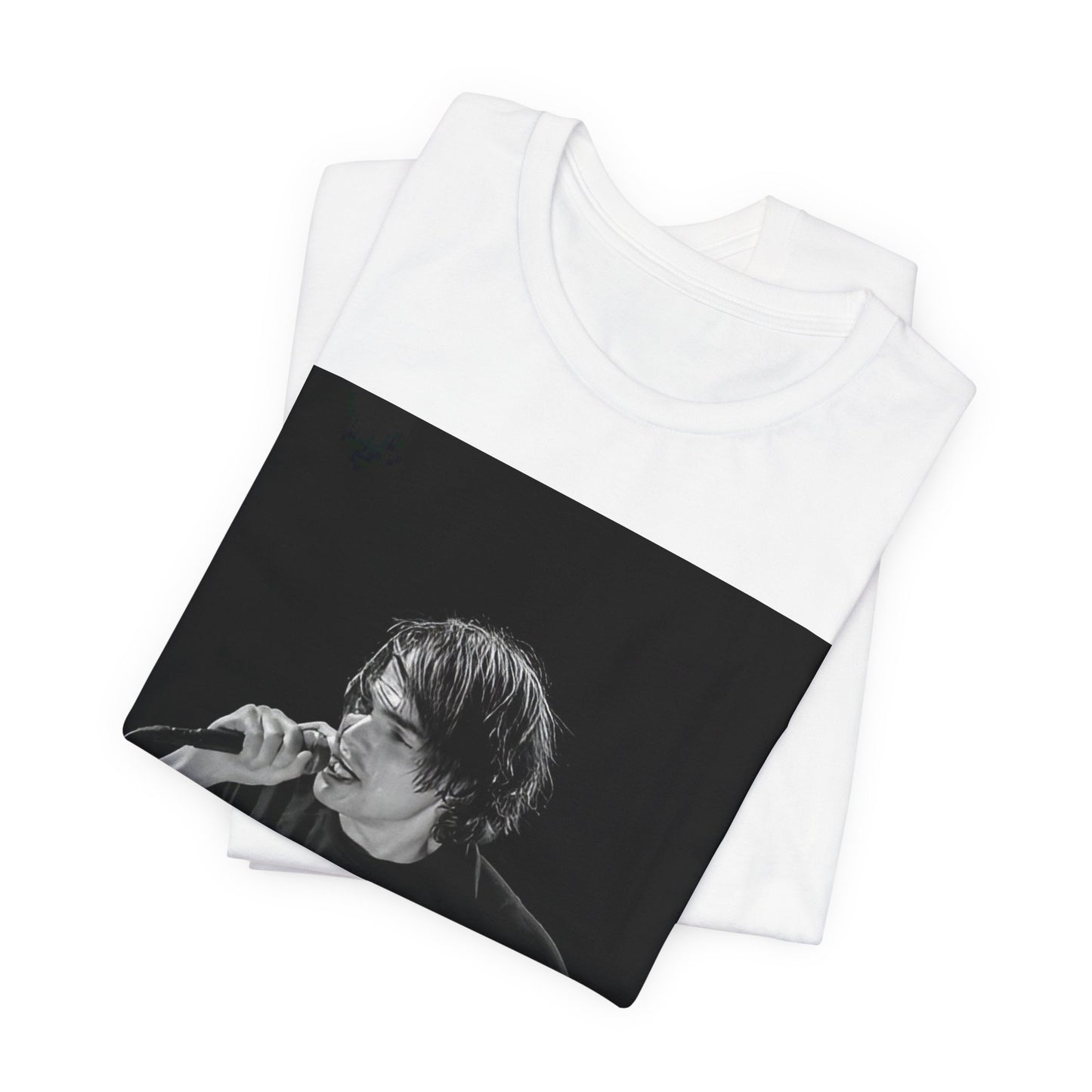 A black graphic t-shirt featuring a black and white portrait photo of Gerard Way from My Chemical Romance.