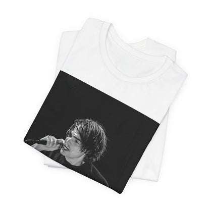 A black graphic t-shirt featuring a black and white portrait photo of Gerard Way from My Chemical Romance.