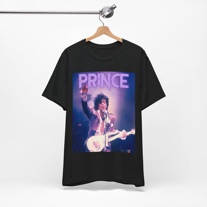 A black graphic t-shirt featuring a retro graphic related to Prince's 'Purple Rain' album era.