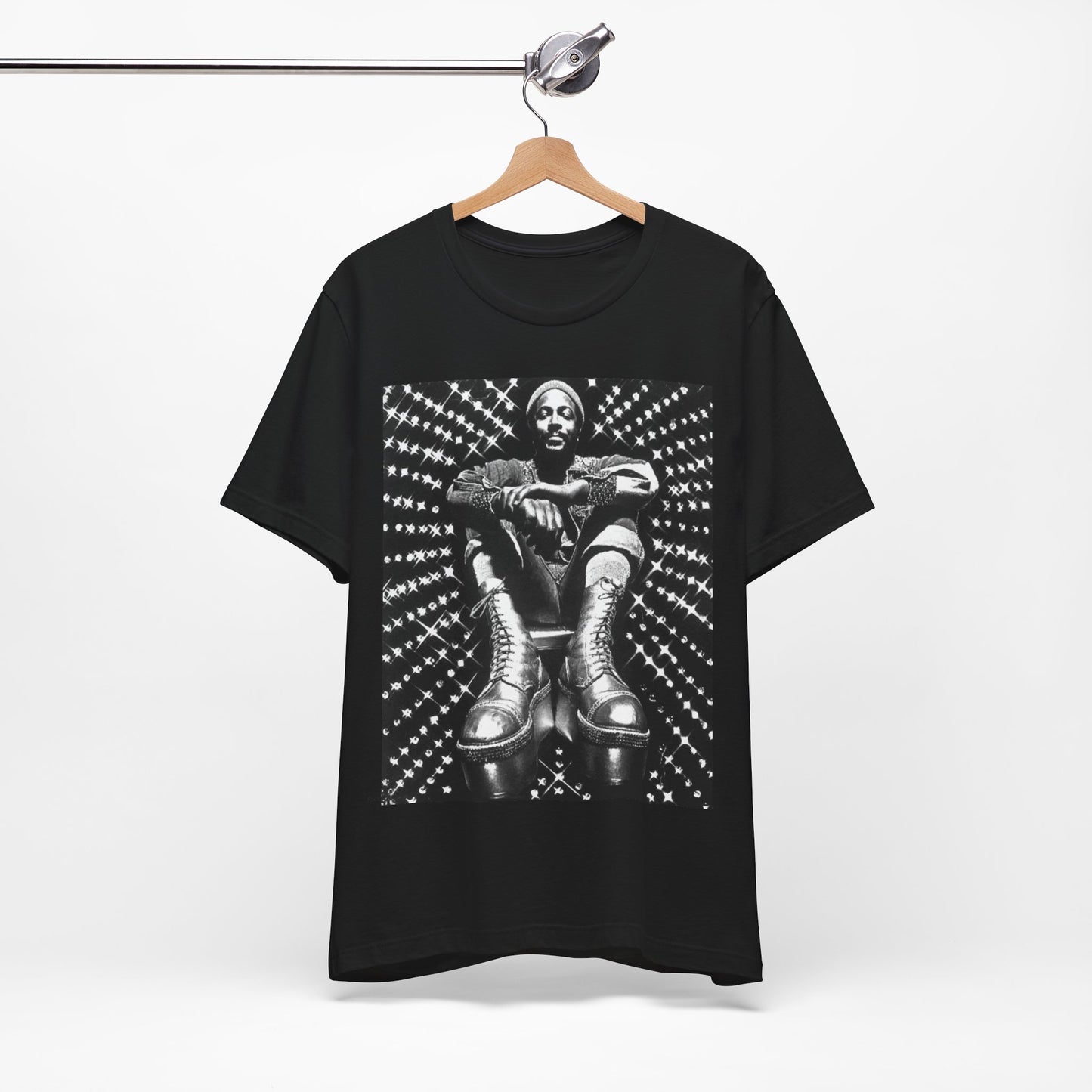 A black graphic t-shirt featuring a black and white vintage soul icon graphic of Marvin Gaye.
