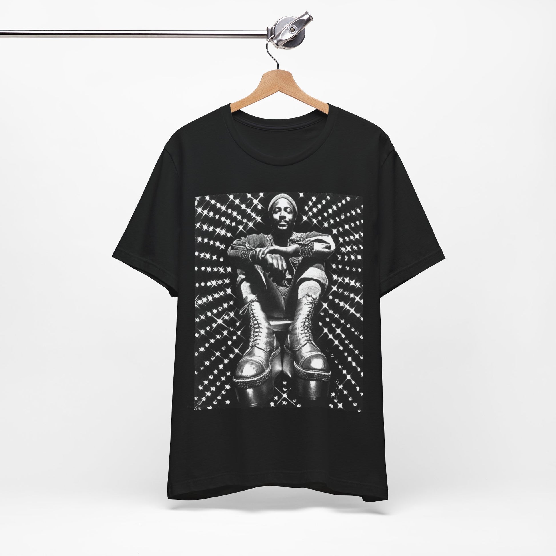 A black graphic t-shirt featuring a black and white vintage soul icon graphic of Marvin Gaye.