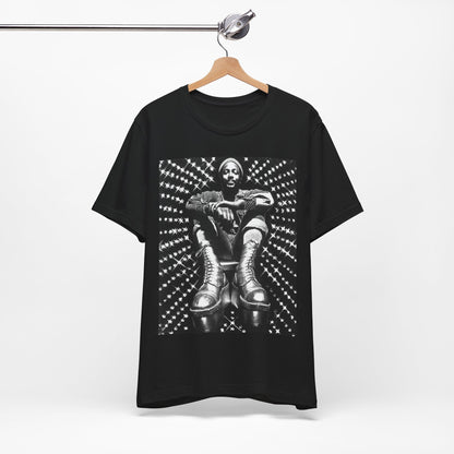 A black graphic t-shirt featuring a black and white vintage soul icon graphic of Marvin Gaye.