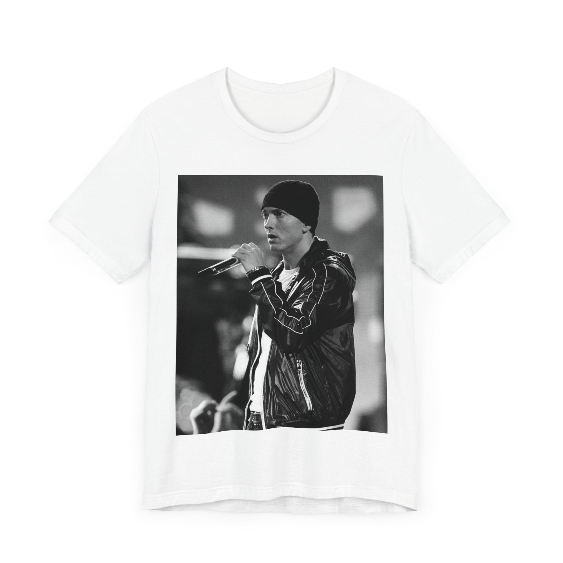 A black graphic t-shirt featuring a classic 90s graphic of Eminem as a 'Rap God'.