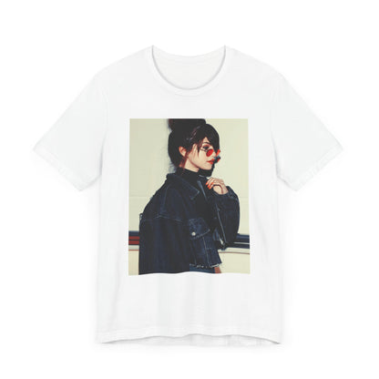 A black graphic t-shirt featuring a bold graphic of Selena Gomez as a pop superstar.