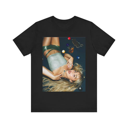 A black graphic t-shirt featuring a vintage pop icon graphic of Sabrina Carpenter.