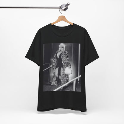 A black graphic t-shirt featuring a black and white glam aesthetic graphic of Nicki Minaj.