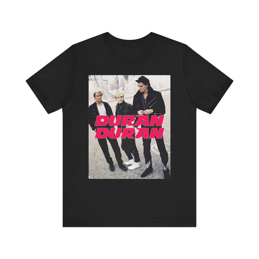 A black graphic t-shirt featuring a vintage new wave aesthetic graphic of Duran Duran.