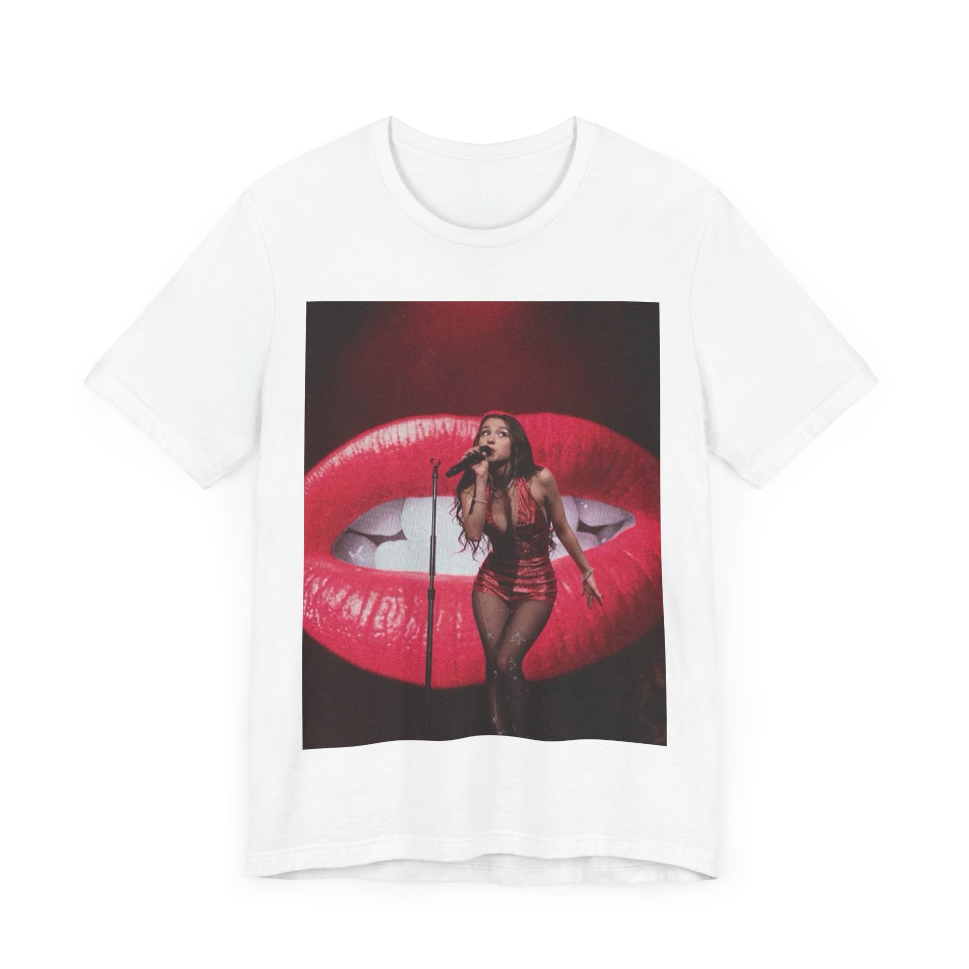 A black graphic t-shirt featuring a graphic or photo of Olivia Rodrigo performing live.