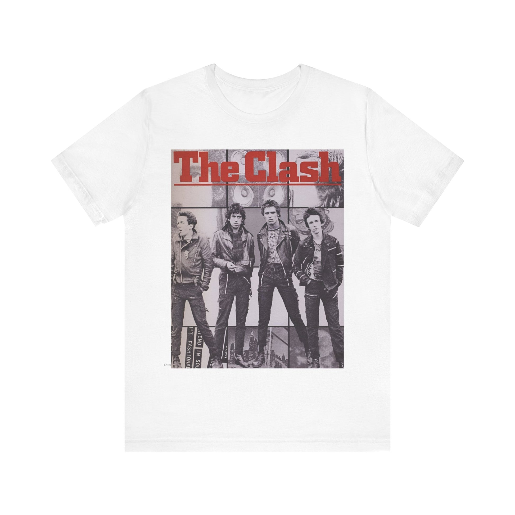 A black graphic t-shirt featuring a 70s retro punk superstar graphic of The Clash.