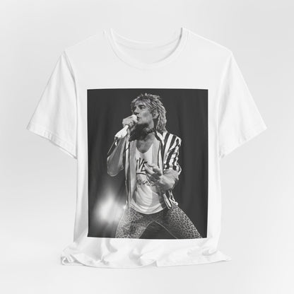 A black graphic t-shirt featuring a black and white portrait photo of Rod Stewart.