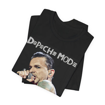 A black graphic t-shirt featuring a graphic of Dave Gahan from Depeche Mode, emphasizing his dynamic stage presence.
