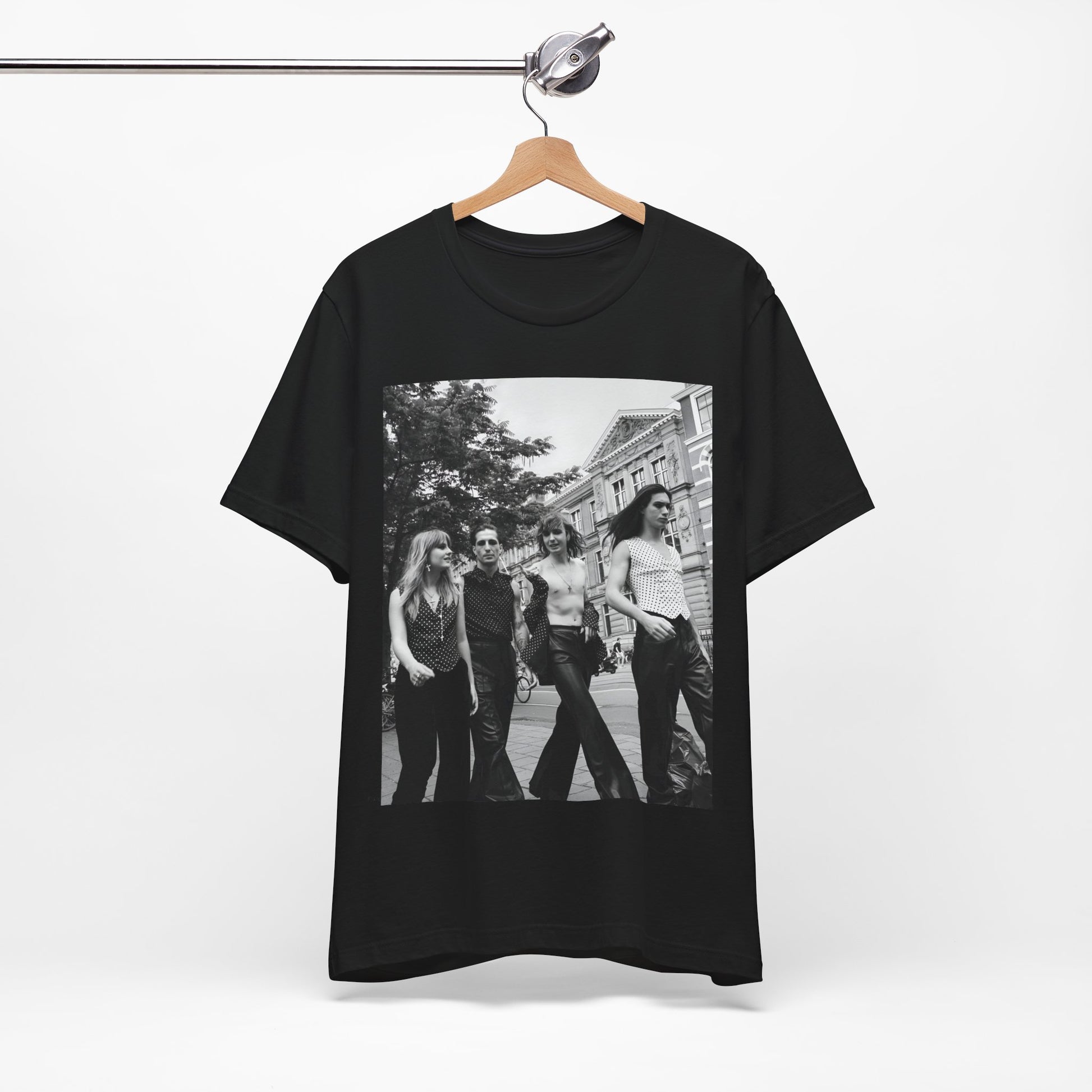 A black graphic t-shirt featuring a retro black and white monochrome graphic or photo of Maneskin.