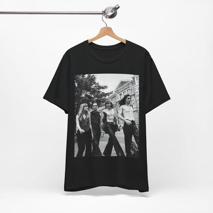 A black graphic t-shirt featuring a retro black and white monochrome graphic or photo of Maneskin.