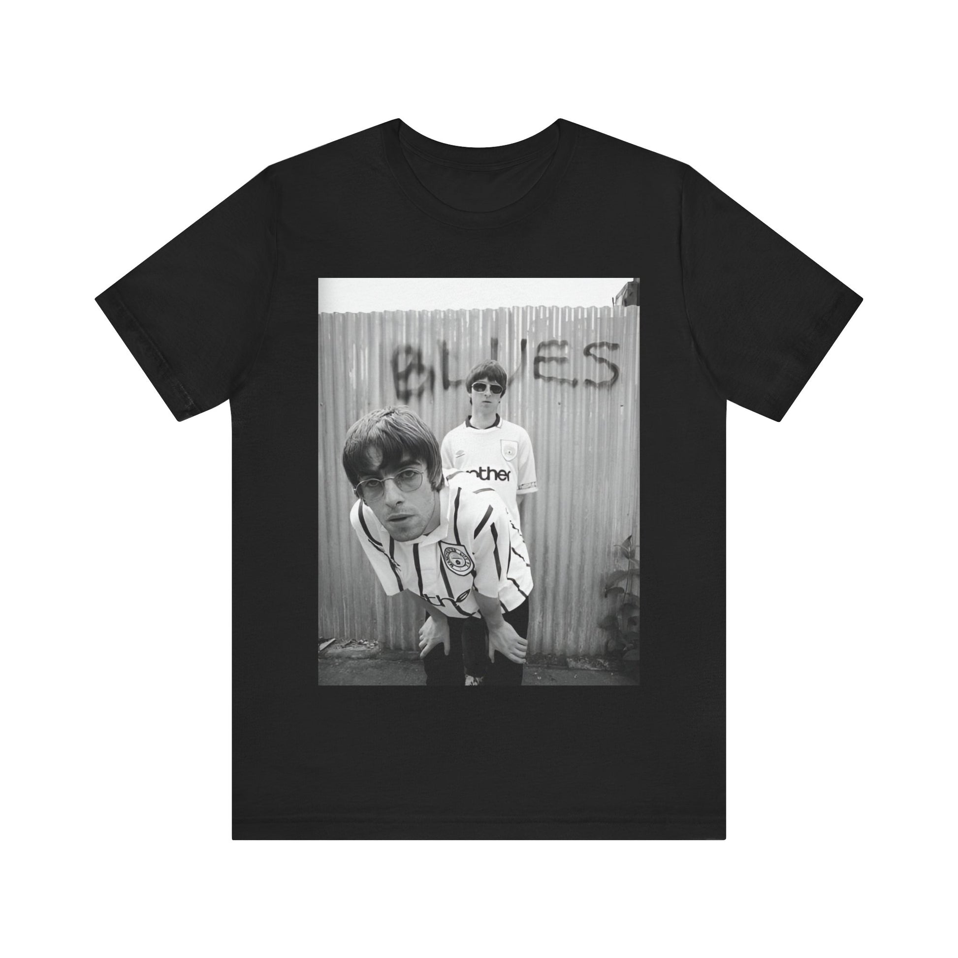 A black graphic t-shirt featuring a graphic of Liam and Noel Gallagher from Oasis, showing their support for Manchester City.